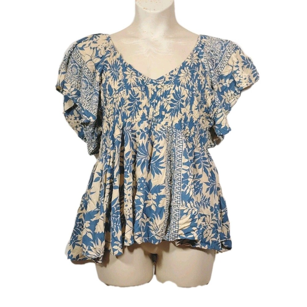 Angie Smocked Flutter Sleeve Empire Bohemian Artsy Hippie Top Blue Beige 3X